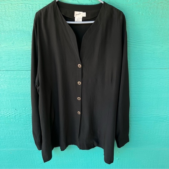 BLACK SILK BUTTON DOWN VINTAGE TUNIC TOP SIZE 20 2X DESIGNER JACQUELINE FERRAR - Picture 1 of 7